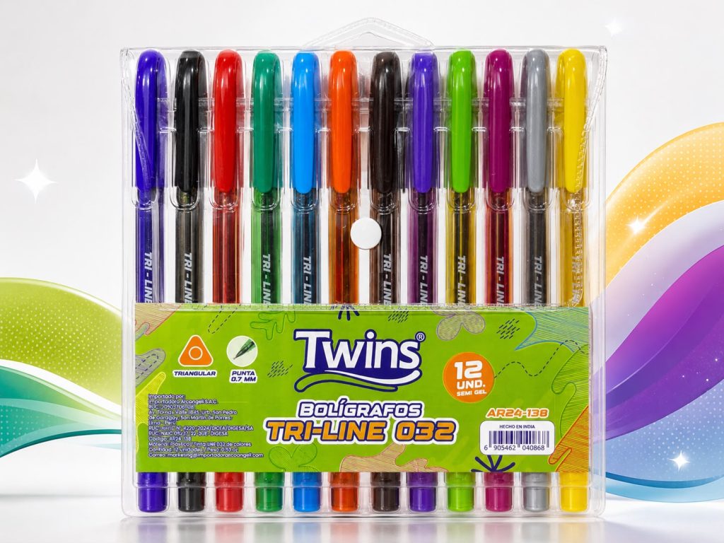 Bolígrafo tinta semi gel x 12 colores Tri-line 032 Twins
